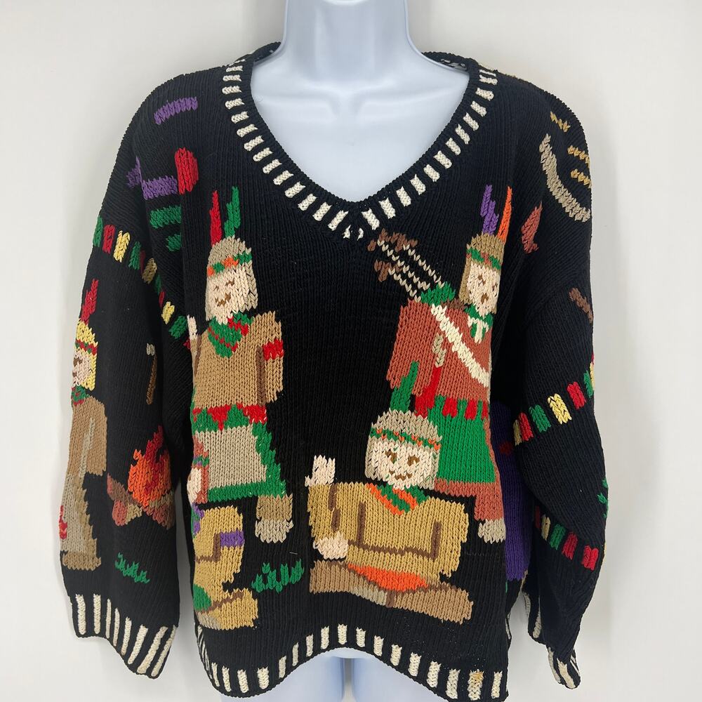 VTG BEREK Bergdorf Goodman New York Hand Knit Native American Themed Sweater M